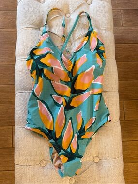 Kona Sol Teal One-Piece Swimsuit with Pink and Yellow Floral Print